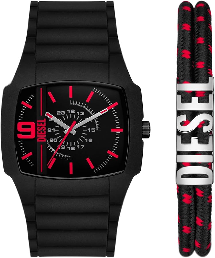 Diesel Men's 45mm Cliffhanger 2.0 Quartz Silicone Watch and Bracelet Gift Set, Color: Black (Model: DZ2191SET)