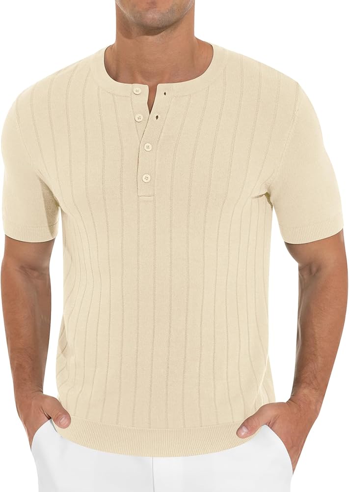 NITAGUT Mens Henley Shirts Knit Solid Casual Slim Fit Short Sleeve T-Shirt with Button