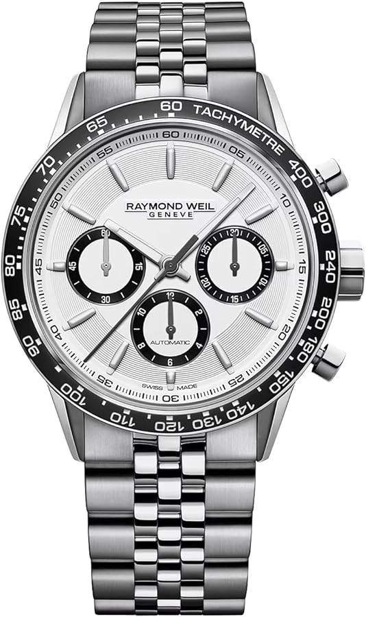 RAYMOND WEIL Freelancer Men's Automatic Watch, Chronograph, White Dial with Silver Indexes, Black Ceramic Bezel, Stainless Steel Case, 43.5mm (Model: 7741-ST1-30021)