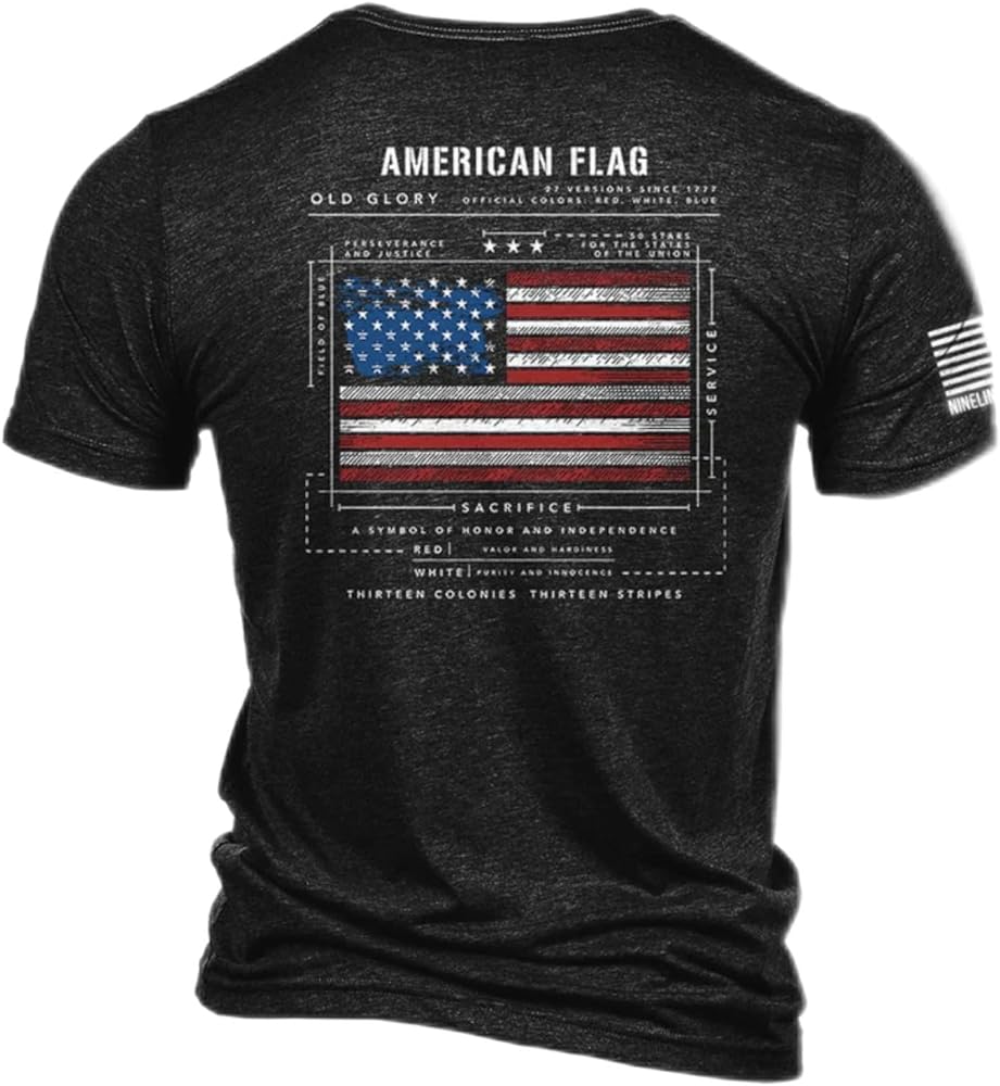 Nine Line Flag Schematic Triblend T-Shirt - Old Glory Unisex Patriotic Shirt - Dropline Logo and American Flag on Sleeve (US, Alpha, Small, Regular, Regular, Charcoal Black)