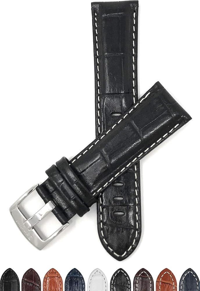 Mens Leather Watch Band - Alligator Pattern - White Stitch - 5 Colors - 18mm to 38mm (Most sizes also come in Extra Long XL)