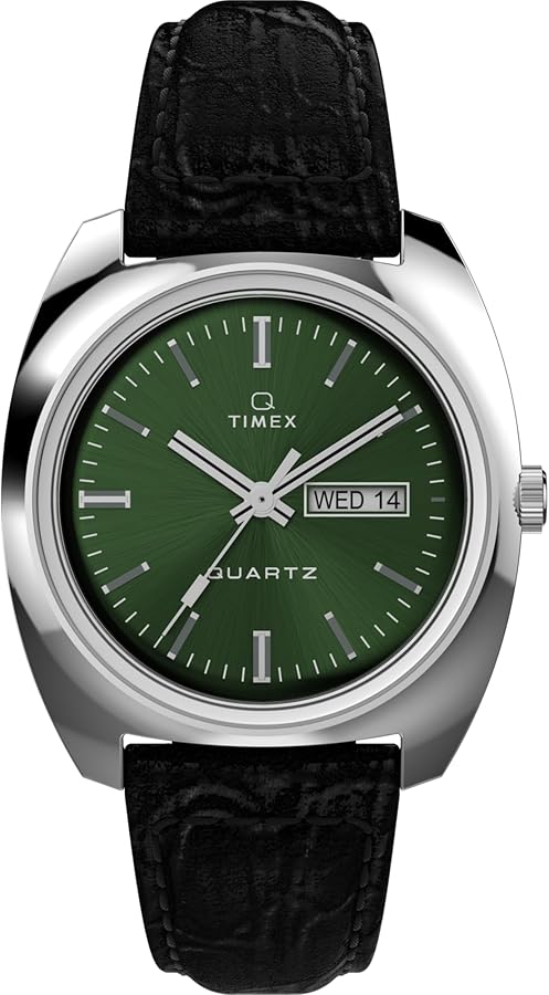 Timex Men's Q 1978 Day/Date 37mm Watch - Black Strap Green Dial Stainless Steel Case