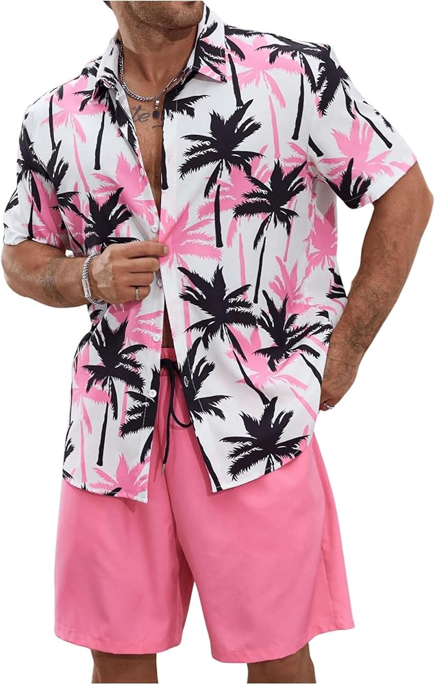 WDIRARA Men's 2 Piece Outfits Tropical Print Short Sleeve Collared Shirt and Drawstring Shorts Set