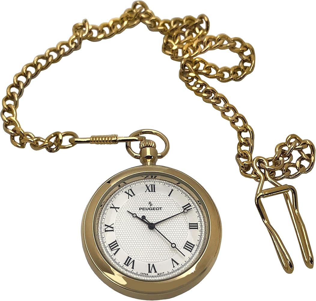 Peugeot Men's 14Kt Gold Plated Vintage Pocket Watch with Chain, 40mm Open Face, Engravable with Easy to Read Roman Numbers