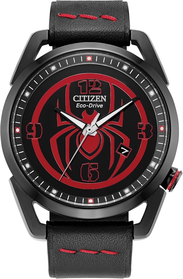 Citizen Men's Eco-Drive Marvel Miles Morales Black Ion Plated Stainless Steel Case with Black Leather Strap Watch,Black Dial,42mm (Model: AW1685-00W)