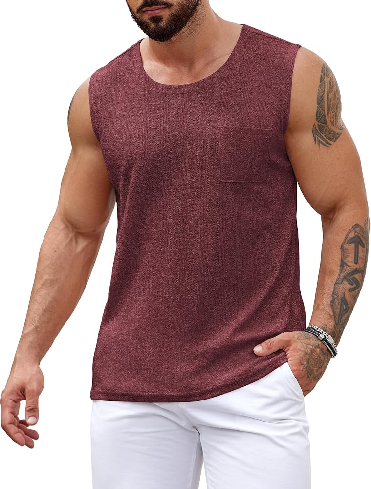 COOFANDY Men's Knit Tank Tops Casual Sleeveless T Shirts Beach Tank Shirts with Pocket