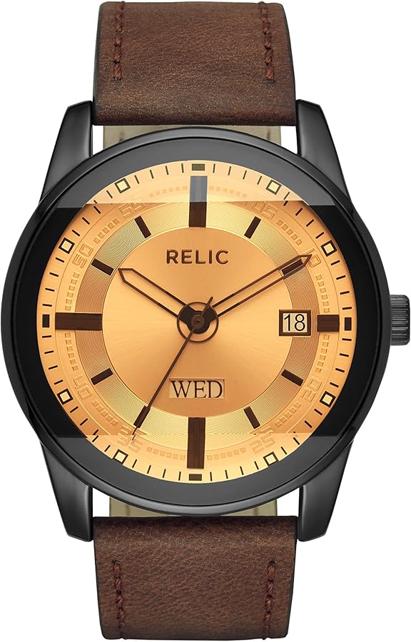 Relic by Fossil Men's Everet Three-Hand Day Date Black Alloy Metal and Brown Leather Band Watch (Model: ZR12229)