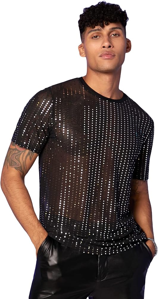 Floerns Men's Rhinestone Sheer Mesh Short Sleeve Clubwear Party Tee Shirt