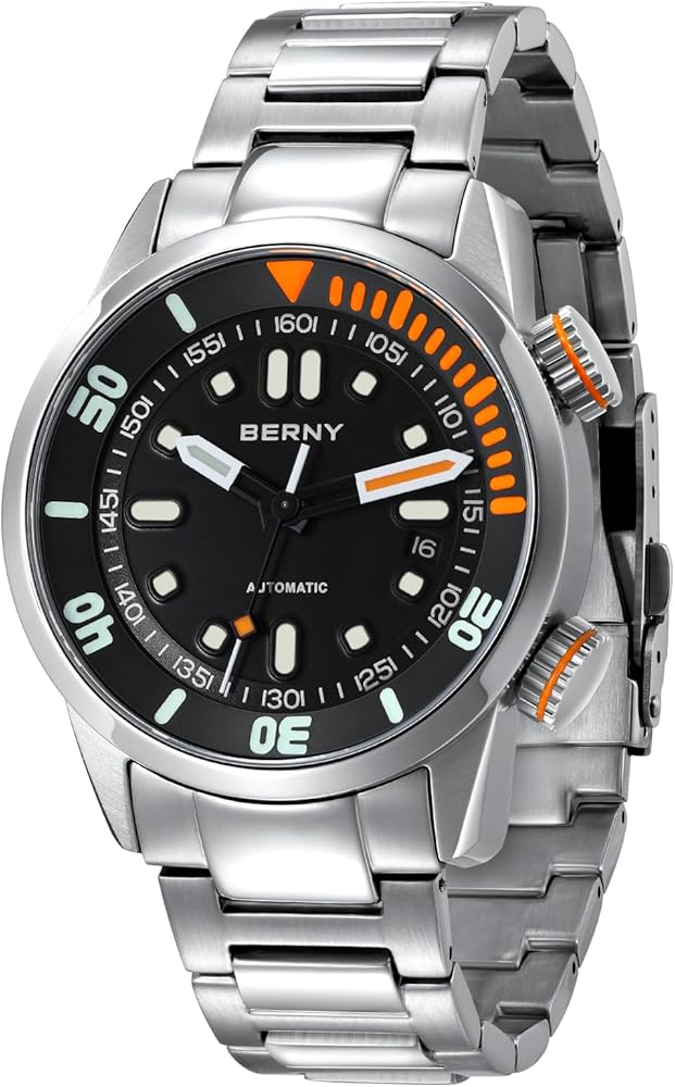 BERNY Automatic Watch for Men 200M Diving Watch Wristwatch HV600 Hardness Sapphire Glass Sturdy Stainless Steel Band Super Luminous Male Watches