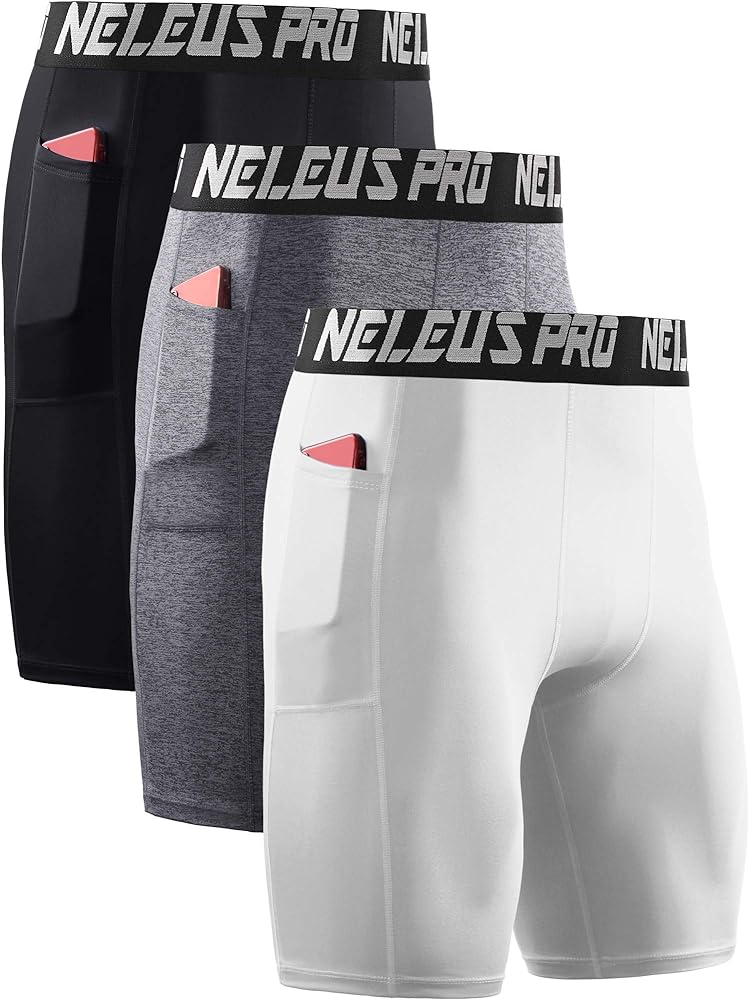 NELEUS Men's Compression Short with Pocket Dry Fit Yoga Running Shorts Pack of 3