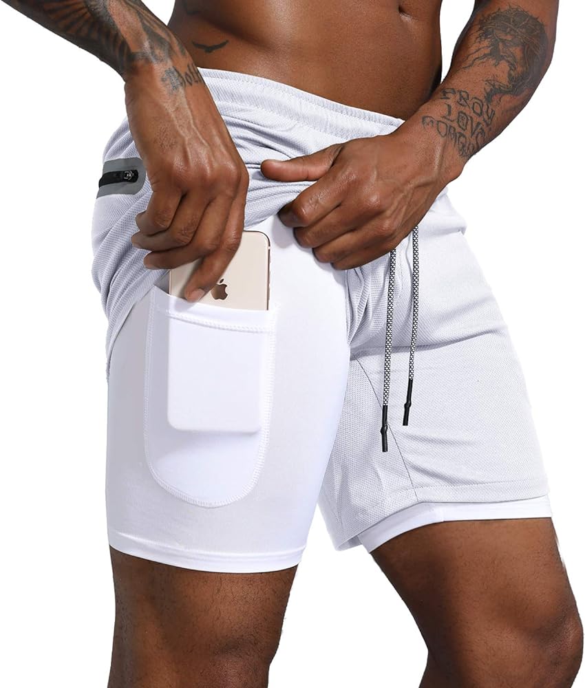 Leidowei Men's 2 in 1 Workout Running Shorts Lightweight Training Yoga Gym 7" Short with Zipper Pockets