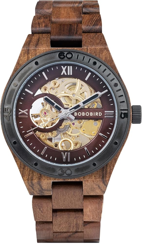 BOBO BIRD Mens Wood Watches Skeleton Mechanical Wooden Watch Lightweight Luxury Wristwatches with Natural Wood Band of Limited Edition Collection for Men