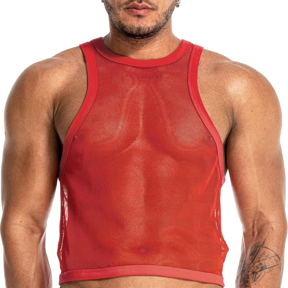 Mens See Through Sleeveless Shirt Mesh Tank Top for Men Crew Neck Fishnet Fitted Muscle Shirt Clubwear