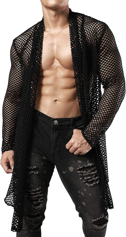 JOGAL Men's Mesh Fishnet Cardigan Fitted Muscle Top