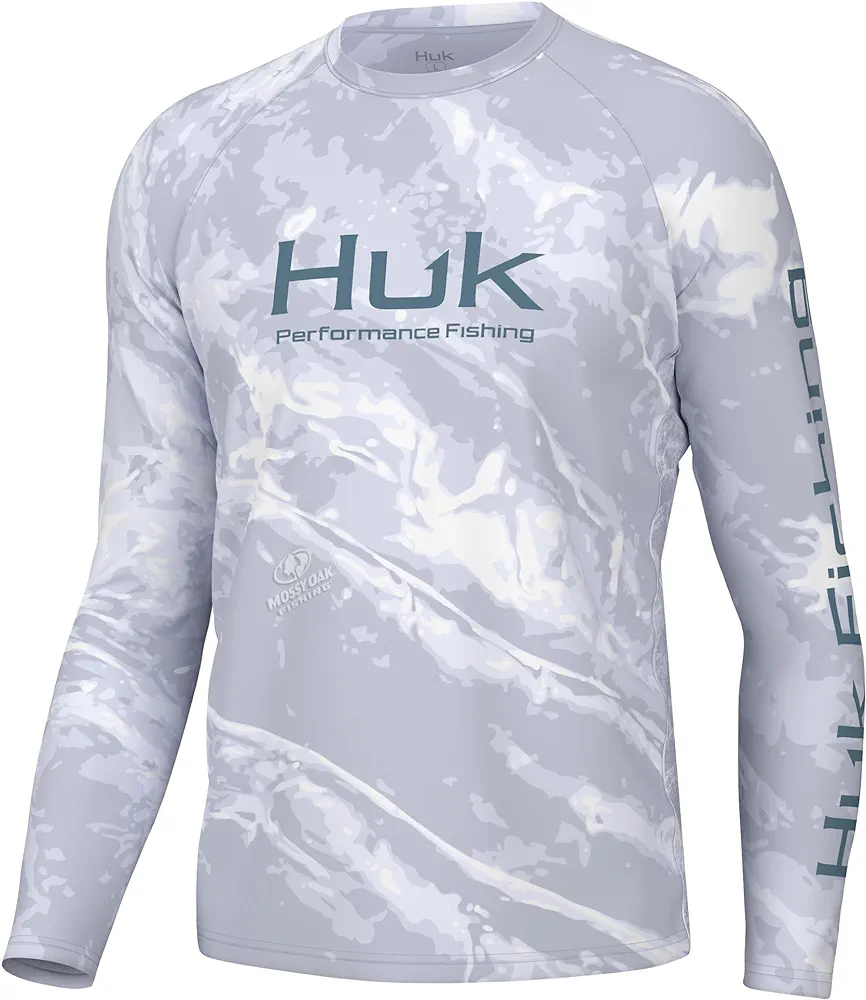 HUK Men's Standard Pursuit Pattern Crew Sleeve, Performance Shirt, Mossy Oak-Stormwater Bonefish