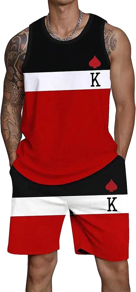 Floerns Men's 2 Piece Outfit Sleeveless Colorblock Tank Drawstring Waist Shorts Set