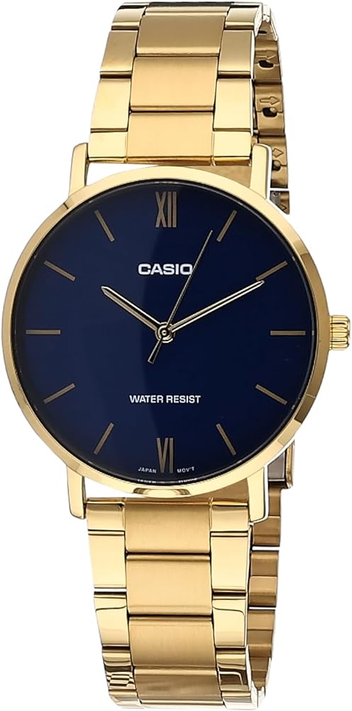 Casio MTP-VT01G-2B Men's Gold Tone Stainless Steel Minimalistic Blue Dial 3-Hand Analog Watch