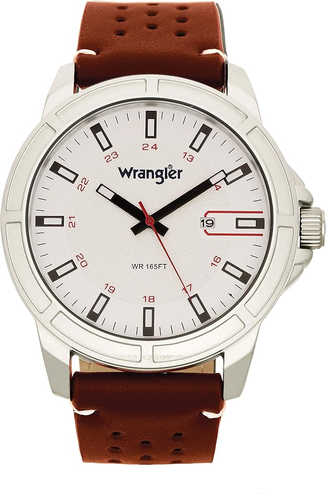 Wrangler Men's Watch, 48mm Silver Case, White Dial Face, Brown Band, Date (WRW5602-7B5)