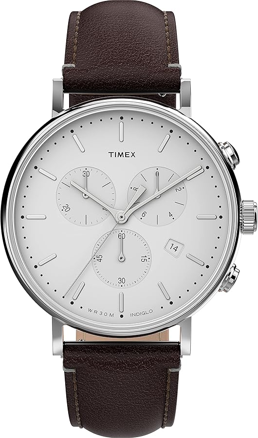 Timex Men's Fairfield Chrono 41mm Watch – Silver-Tone Case & White Dial with Brown Genuine Leather Strap