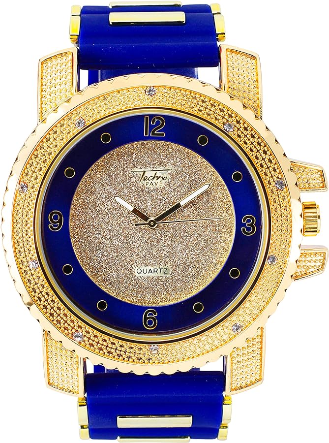 Techno Pave Totally Iced Out Cz Gold Tone Blue Band Over Sized Hip Hop Men's Bling Bling Watch Watches