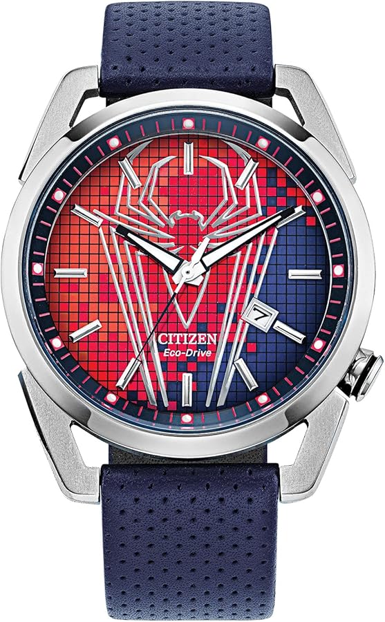 Citizen Eco-Drive Men's Marvel Spider Man Watch in Stainless Steel with Blue Polyurethane Strap, Spider Man Art Blue Dial, 3-Hand Date, 42mm (Model: AW1680-03W)