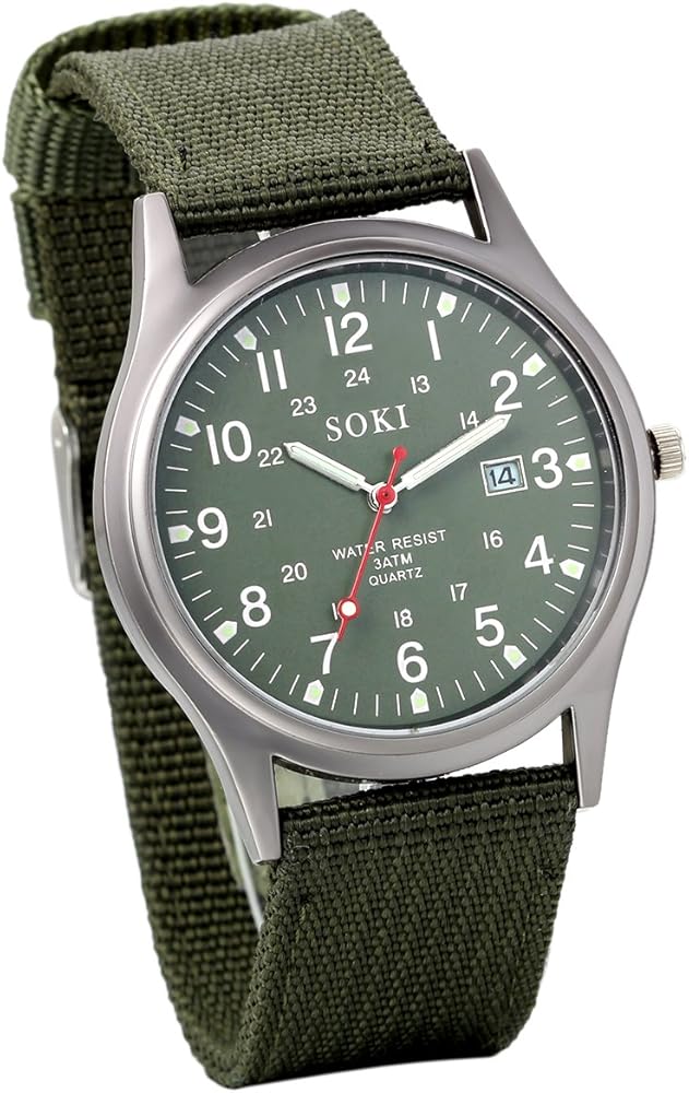 JewelryWe Men's Military Green Dial Nylon Strap Quartz Calendar Wrist Watch Night Vision Luminous Wristwatch