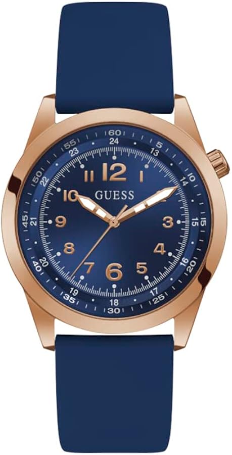 GUESS Men's 42mm Watch - Blue Strap Blue Dial Rose Gold Tone Case