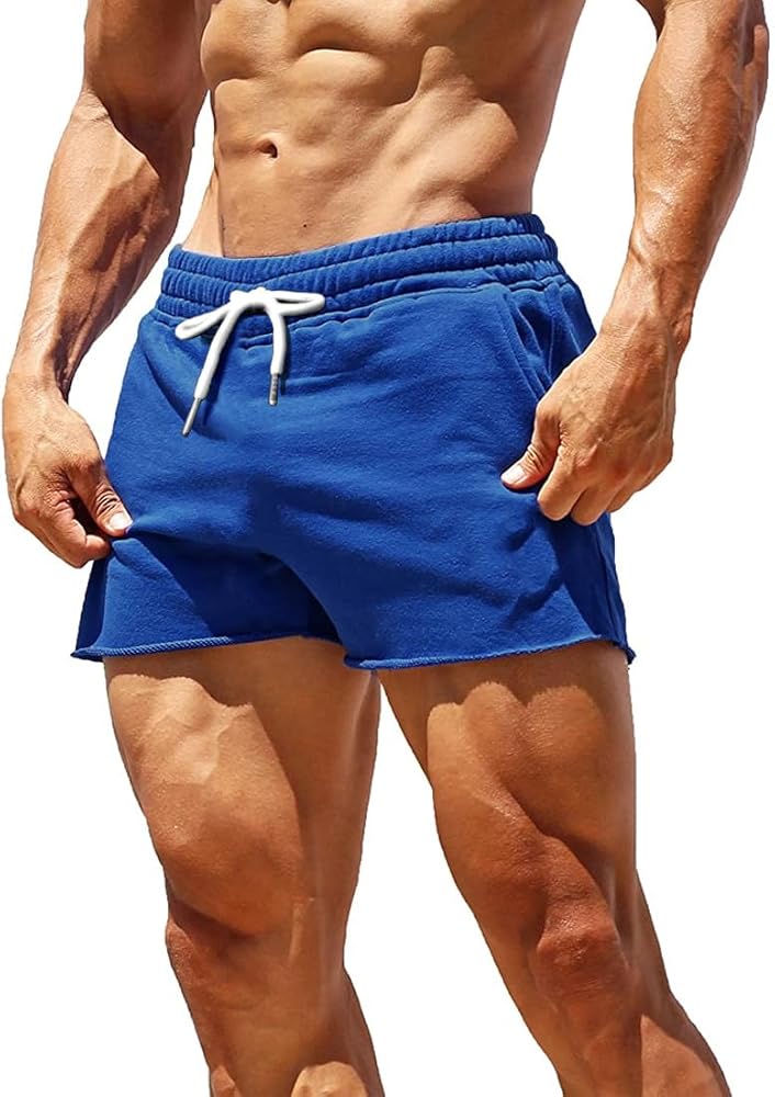 GYMAPE Men's Gym Sport Bodybuilding Workout Casual Shorts with Pockets 3 inch Inseam Raw Hem Terry Cotton