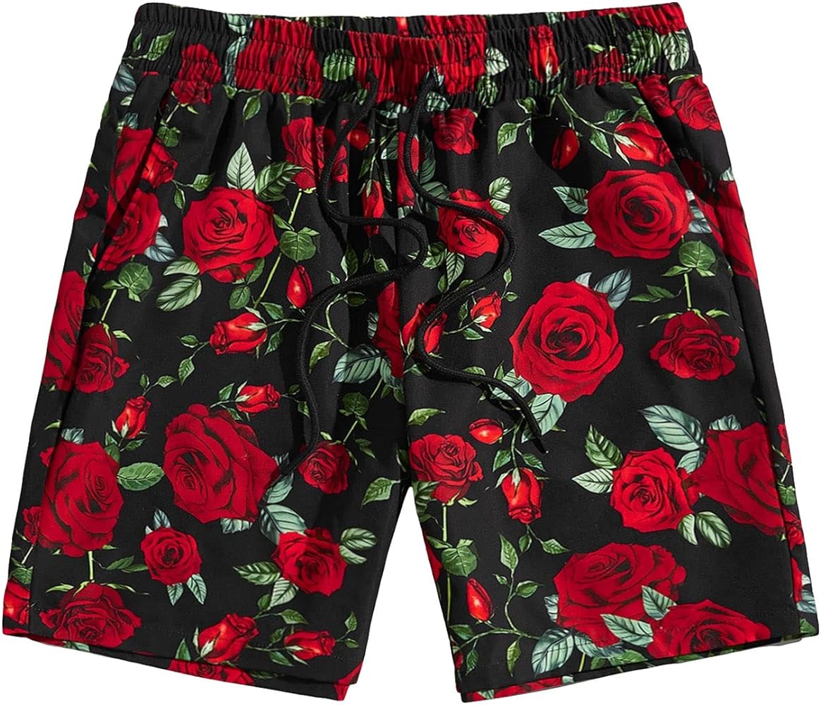 OYOANGLE Men's Floral Print Shorts Drawstring Swimming Board Shorts Athletic Sport Shorts