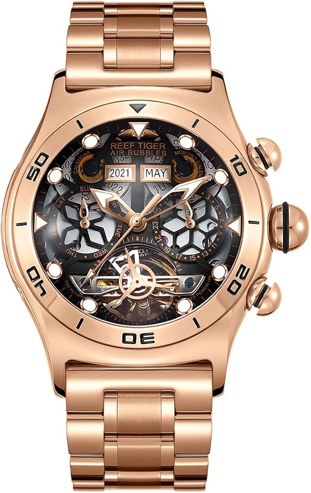 REEF TIGER Sport Watch for Men Skeleton Automatic Watch Luminous Rose Gold Bracelet Watches RGA703