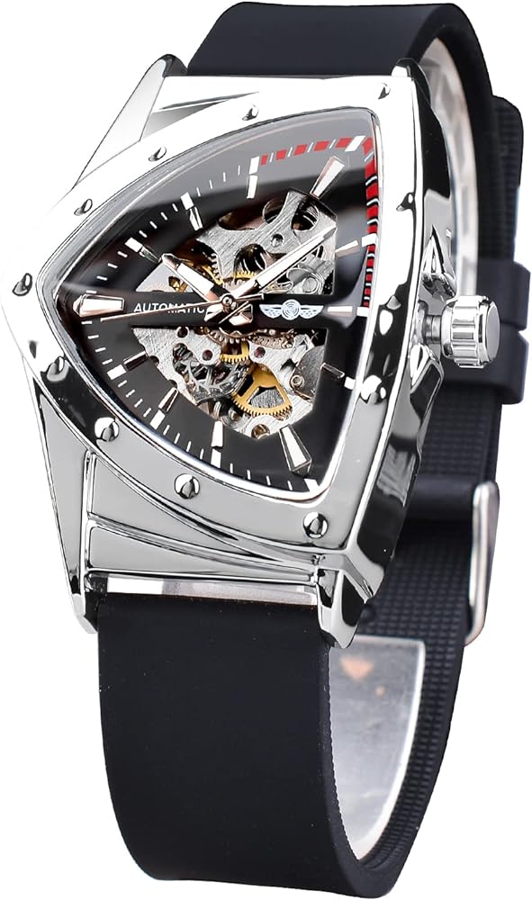 FORSINING Skeleton Watches for Men, Automatic Mechanical Watch with Triangle Dial, Luminous Self Winding Watches Stainless Steel Bracelet or Soft Silicone Strap