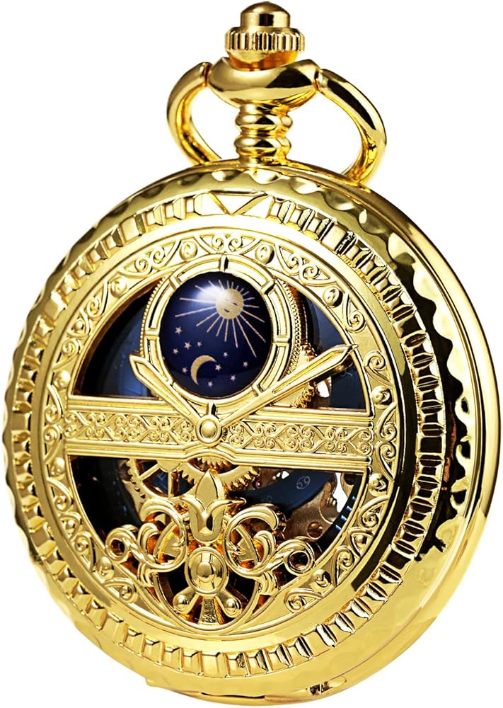 Men's Mechanical Roman Numerals Dial Sun and Moon Skeleton Pocket Watches with Box and Chains for Mens Women Black Bronze Gold Silver