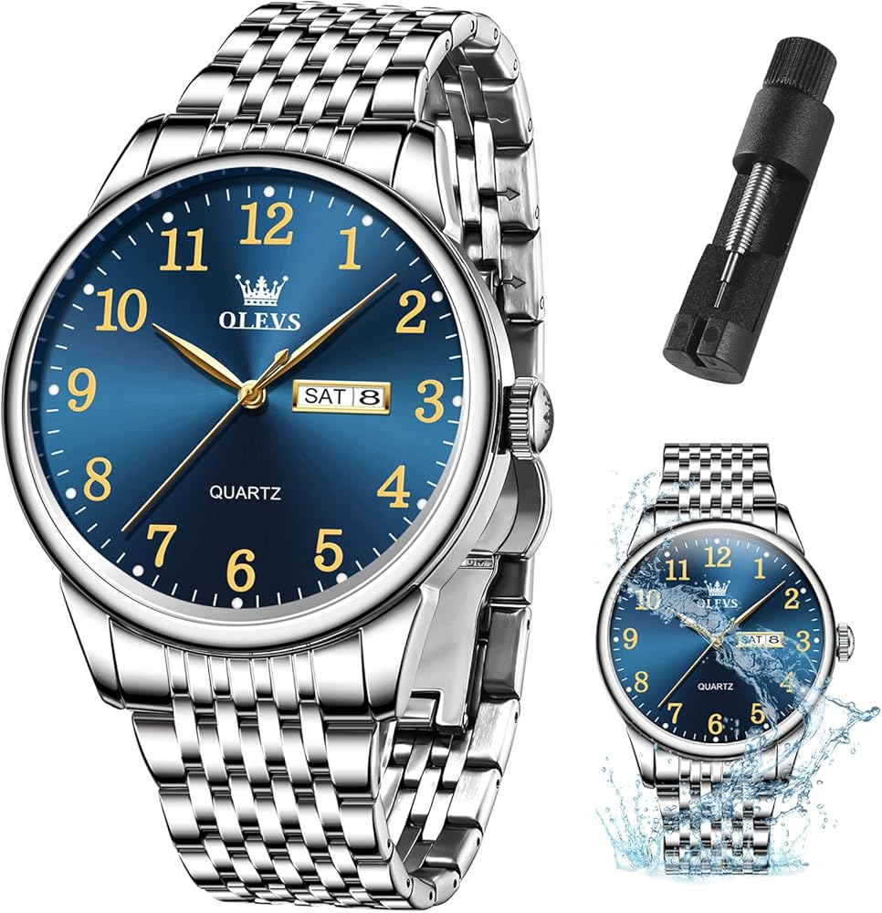 OLEVS Mens Watch Stainless Steel Analog Quartz Watches for Men Day Date Easy Read Diamond Waterproof Dress Luxury Classic Casual Big Face Blue/Black/Gold/Silver Roman Arabic Numerals Men's Wrist Watch