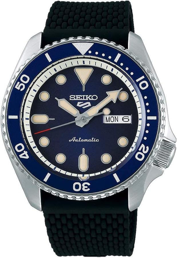 SEIKO SRPD93 Watch for Men - 5 Sports - Automatic with Manual Winding Movement, Blue Sunray Dial with Blue Bezel, Stainless Steel Case, Black Silicone Strap, and Day/Date Display