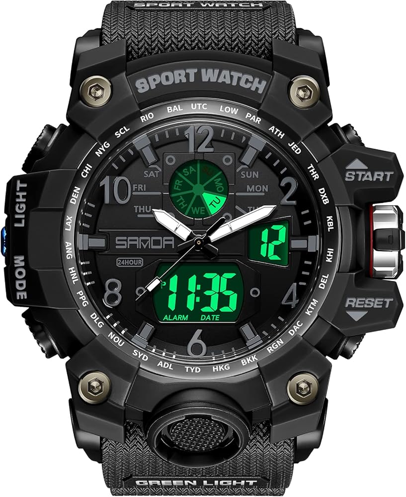 WISHFAN Men’s Military Watch, Dual-Display Waterproof Sports Digital Watch Big Wrist for Men with Alarm (Black)