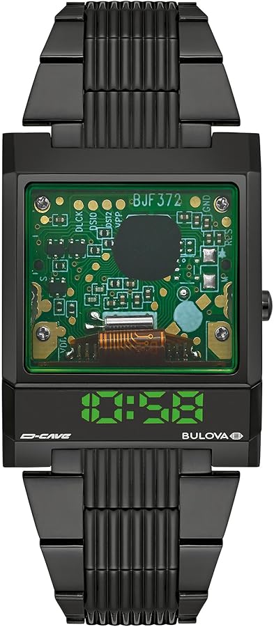 Bulova Mens LED Computron D-Cave Special Edition Black IP and Silicone Strap Watch, Transparent Mineral Crystal Style: 98C140