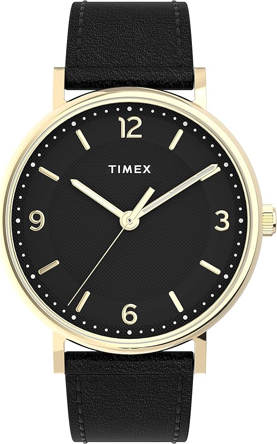 Timex Men's Southview 41mm Watch – Gold-Tone Case Black Dial with Black Leather Strap