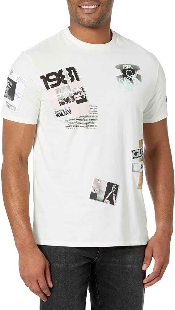 GUESS Men's Short Sleeve Basic Cosmic Collage Tee