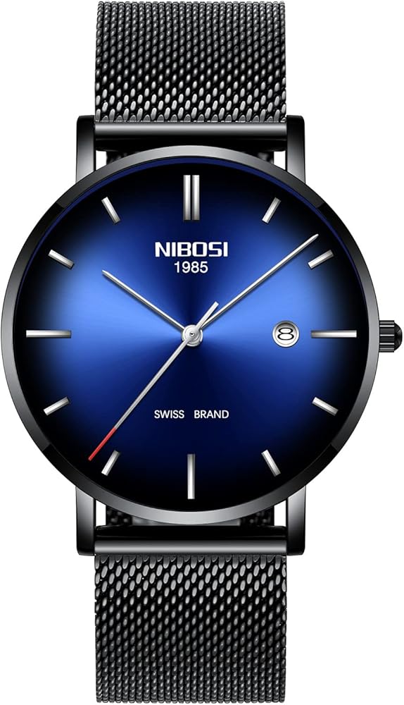 NIBOSI Mens Watch Ultra Thin Wrist Watches for Men Fashion Waterproof Dress Black Stainless Steel Band (Black Blue)