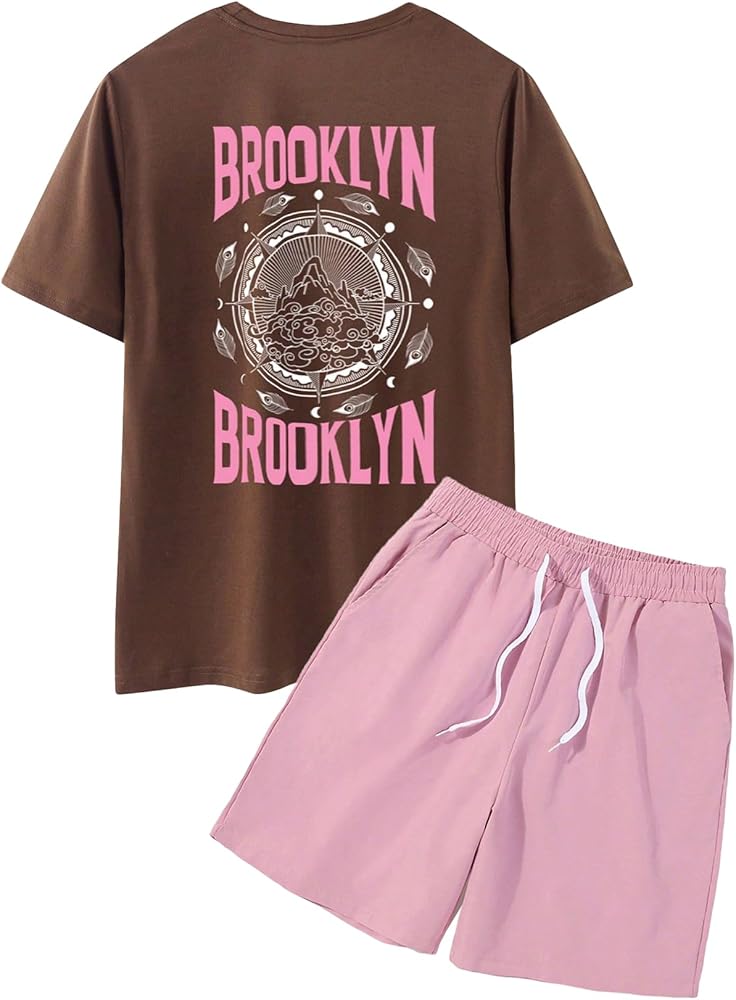 SOLY HUX Men's 2 Piece Outfits Letter Graphic Short Sleeve Tee Tops and Drawstring Shorts Set