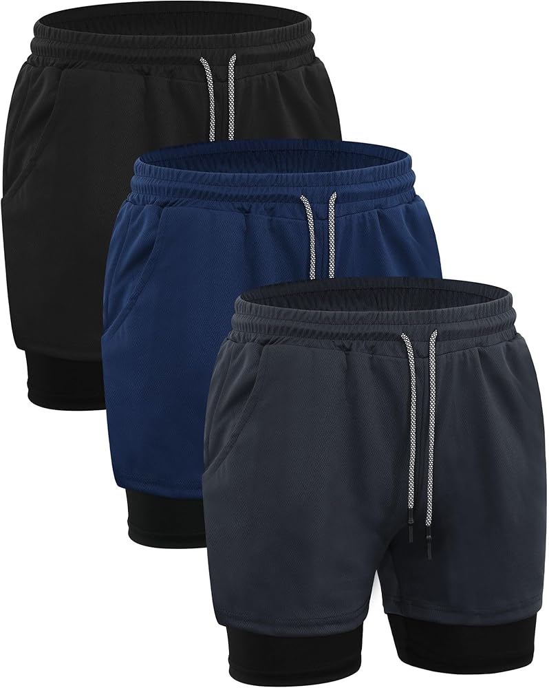 3 Pcs Men's 2 in 1 Workout Running Shorts Athletic Gym Shorts with Liner Quick Dry Shorts with Side Pockets and Towel Loop