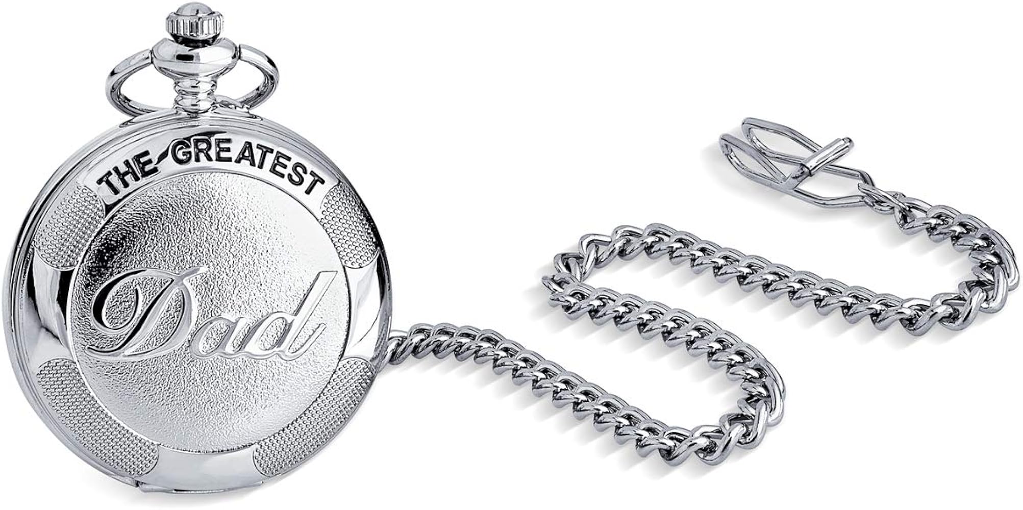 Bling Jewelry Retro Vintage Style Daddy Father Gift Word Best Greatest DAD Skeleton Pocket Watch for Men Numeral White Dial Silver Plated Finish with Long Pocket Chain