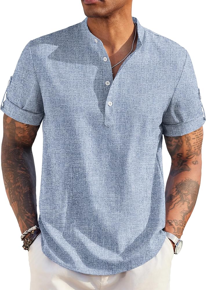 COOFANDY Men's Casual Henley Shirt Short Sleeve Band Collar Linen Shirt Summer Beach Hippie T-Shirts