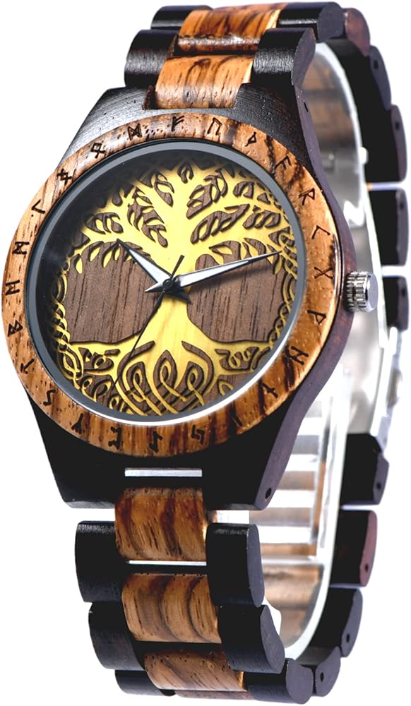 VikingsBrand Viking Wooden Watch for Men (Y ggdrasil 7003)