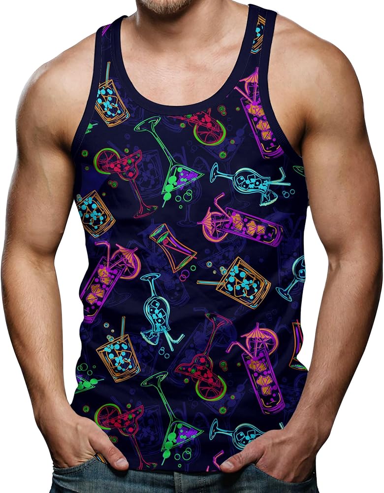 Mens Tank Top Sleeveless Tee Shirt Muscle Gym Workout Hawaiian Tropical Tops Summer Rave T-Shirt