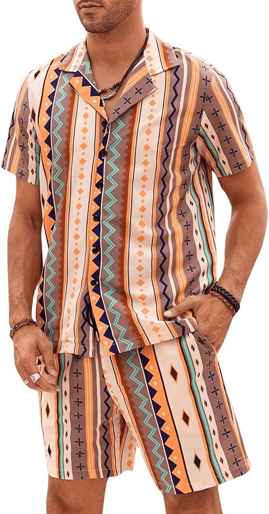 GORGLITTER Men's 2 Piece Set Geo Print Button Down Short Sleeve Shirts and Shorts Suit