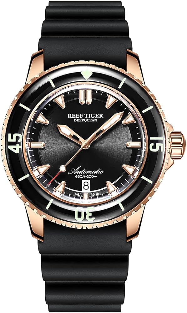 REEF TIGER Mens Mechanical Dive Watches Rose Gold Rubber Strap Watches Luminous Watch RGA3035