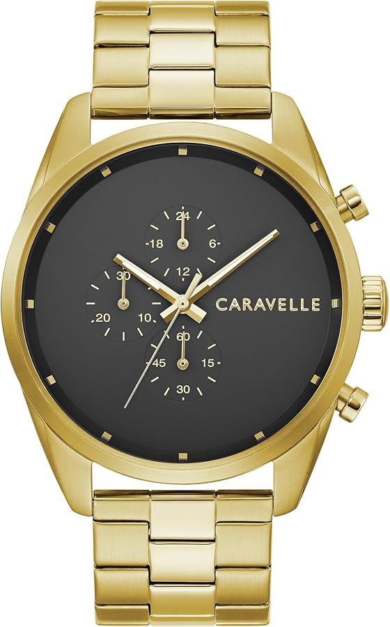 Caravelle by Bulova Men's min/Max 6-Hand Chronograph Watch, Gold-Tone Stainless Steel, 44mm (Model: 44A113)