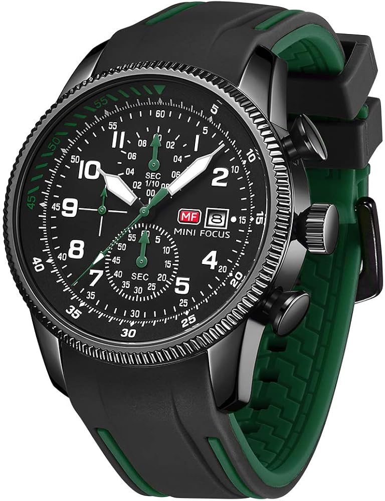 MINI FOCUS Men's Watches Fashion Waterproof Silicone Strap Quartz Watch Man Luxury Military Sport Chronograph Wristwatch Male Black Green