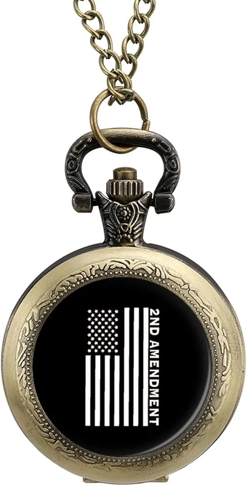 2nd Amendment American Flag Pocket Watch Vintage Quartz Watches for Mens Womens Watch with Chain Coppery-Color